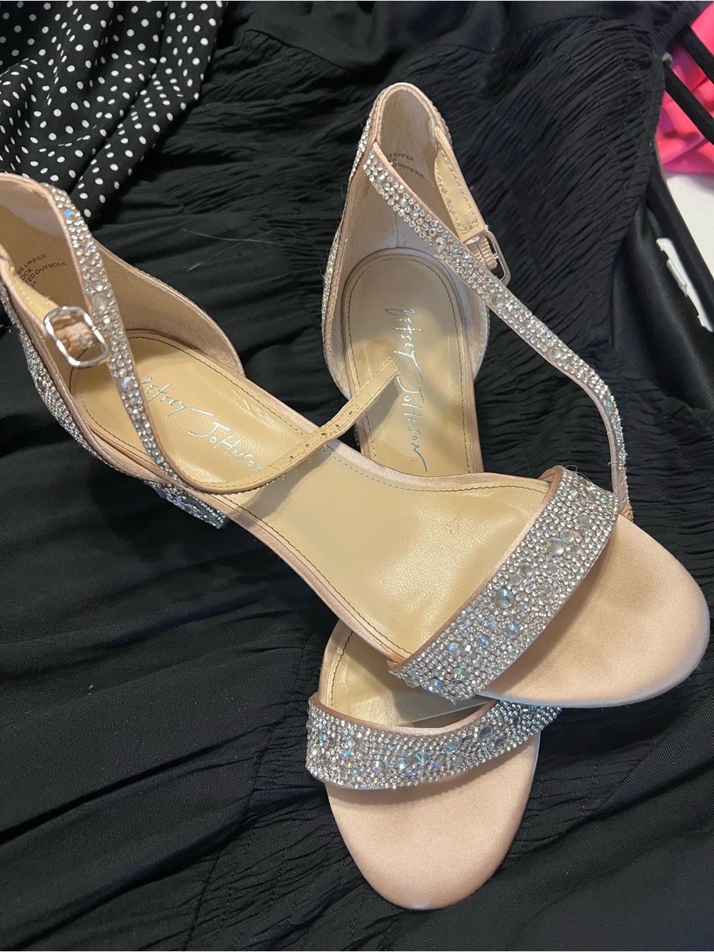 Betsey Johnson Crystal-Strap Heeled Sandals in Blush Pink